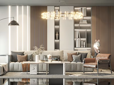 Modern Living Room Sofa And Coffee Table Set With Bookshelves Floor Lamp And Decorative Accents 3d model