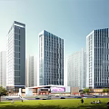 Modern High Rise Commercial Complex With Entrance Plaza Large Digital Screen And Pedestrians