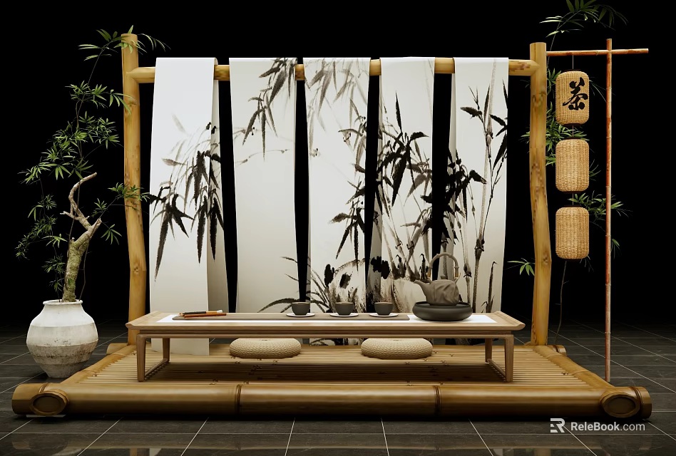 Minimalist Art Installation With Bamboo Screens Tea Elements And Wooden Structure 3d model 