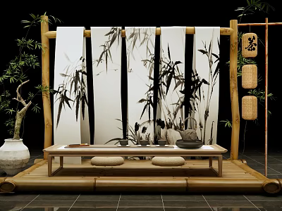 Minimalist Art Installation With Bamboo Screens Tea Elements And Wooden Structure 3d model