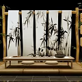 Minimalist Art Installation With Bamboo Screens Tea Elements And Wooden Structure