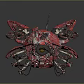 Red Mechanical Spider Sculpture With Large Yellow Eye And Metal Wheels