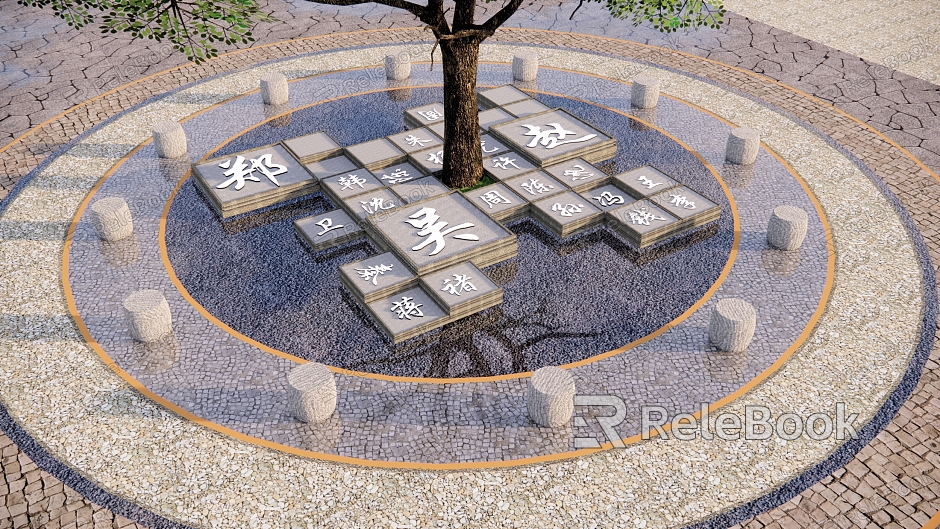 Chinese style culture square art sitting stool filial piety culture sketch hundred family name culture stone strip square water landscape model