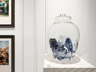 Artistic Ceramic Fragments in Transparent Glass Jar on White Display Stand with Framed Paintings 3d model
