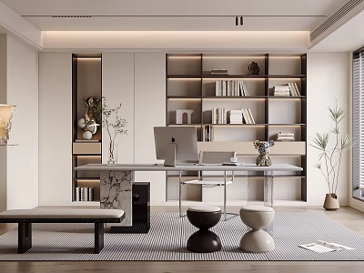 Modern Study Room Interior Design With Built in Bookshelves Marble Desk Minimalist Chairs And Plants 3d model