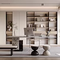 Modern Study Room Interior Design With Built in Bookshelves Marble Desk Minimalist Chairs And Plants