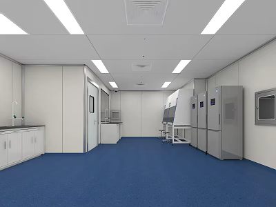 Modern Laboratory Interior With Blue Flooring White Walls Linear Ceiling Lights Lab Benches And Refrigerators 3d model