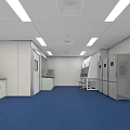 Modern Laboratory Interior With Blue Flooring White Walls Linear Ceiling Lights Lab Benches And Refrigerators