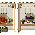 Fresh Farmers Market Stall With Wooden Structure And Hanging Signs Displaying Fruits Vegetables And Bottles