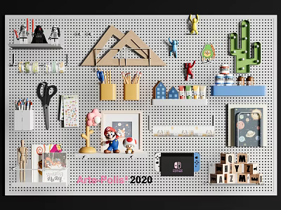 Pegboard Wall With Hanging Accessories Including Scissors Stationery Toys Cactus Decor And Mini Houses 3d model