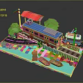 Modern Scene With Yellow Blue Train Bus Railway Track Level Crossing Building Trees And Boats
