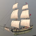 Classic Tall Sailing Ship with Multiple White Sails British Flags Red Flag and Wooden Hull
