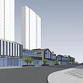 Modern Commercial Street With High Rise Buildings Pedestrians Vehicles And Green Trees