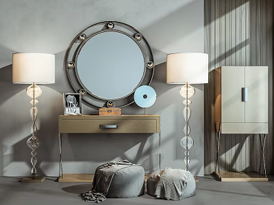 Modern Entryway Console Cabinet And Side Cabinet With Round Mirror Floor Lamps And Stools 3d model