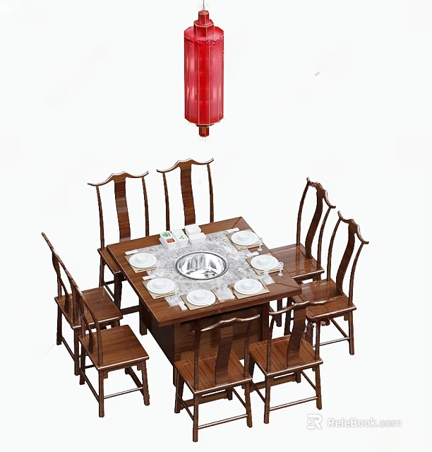 Traditional Chinese Dining Table With Wooden Chairs And Red Lantern Hanging Over Tableware Setup 3d model 