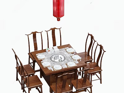 Traditional Chinese Dining Table With Wooden Chairs And Red Lantern Hanging Over Tableware Setup 3d model