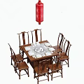 Traditional Chinese Dining Table With Wooden Chairs And Red Lantern Hanging Over Tableware Setup