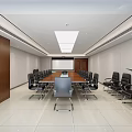 Modern Conference Room With Long Wooden Table Black Chairs Large Screen Windows And Green Plants