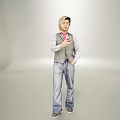 Man Wearing Gray Vest Pink Shirt And Blue Jeans Holding Mobile Phone Against Gray Background