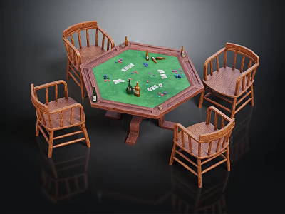 Hexagonal Game Table With Green Felt Top And Playing Cards Surrounded By Wooden Chairs 3d model