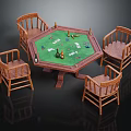 Hexagonal Game Table With Green Felt Top And Playing Cards Surrounded By Wooden Chairs