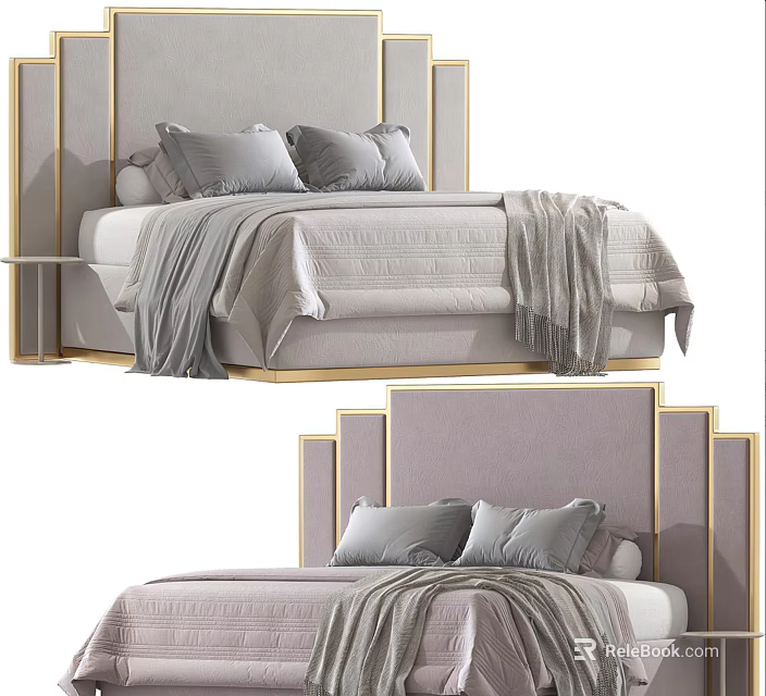 Elegant Modern Double Bed With Upholstered Headboard Gray Pillows Soft Blanket And Gold Accents 3d model 
