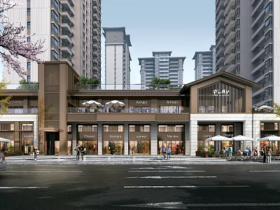 Vibrant Commercial Street Scene With Shops Outdoor Seating High Rise Buildings And Greenery 3d model