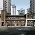 Vibrant Commercial Street Scene With Shops Outdoor Seating High Rise Buildings And Greenery