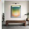 Abstract Painting with Soft Gradient Colors in Modern Interior With Wooden Bench And Plant