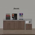 Material Display Setup With Beverage Dispensers Coffee Machine Marble Countertop And Wooden Cabinets