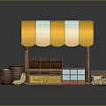 Colorful Candy Confectionery Stall With Yellow White Striped Awning Display Cabinet And Wooden Barrels
