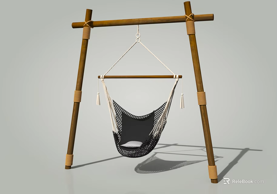 Stylish Woven Hammock Chair with Wooden Stand and Black White Design for Indoor Outdoor Relaxation 3d model 