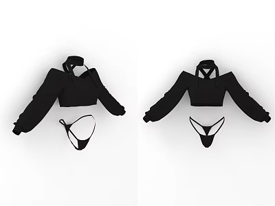 Stylish Black Crop Top With Long Sleeves And High Neck Bikini Set 3d model