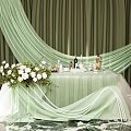 Decorative Coffee Break Area With Green Curtains White Flowers Wine Bottles And Candles