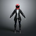 Motorcycle Rider Dressed in Red and White Helmet Black Jacket and Boots Outfit