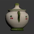 Ceramic Storage Jar With Lid Green Trim White Body Red Cherry Patterns Handle 3d model