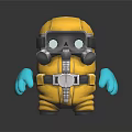 Cartoon Character In Yellow Protective Suit With Gas Mask And Blue Gloves