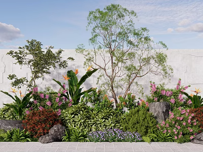 Vibrant Plant Combination With Trees Shrubs Colorful Flowers Rocks And White Wall 3d model