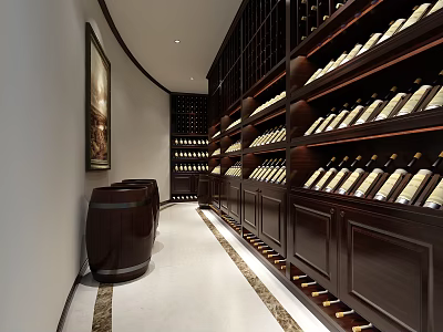 Elegant Wine Cellar Interior With Wooden Racks Barrel And Arranged Bottles 3d model