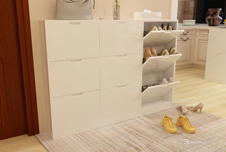 Modern White Shoe Cabinet With Drawers Open Shelves And Decorative Elements 3d model 