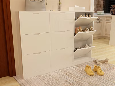 Modern White Shoe Cabinet With Drawers Open Shelves And Decorative Elements 3d model