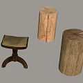 Natural Wooden Stools With Cylindrical Design Tree Ring Texture And Black Curved Base