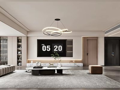 Modern Living Dining Room Interior with Circular Hanging Light Sofa Coffee Table Rug and Wooden Shelving 3d model