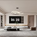 Modern Living Dining Room Interior with Circular Hanging Light Sofa Coffee Table Rug and Wooden Shelving