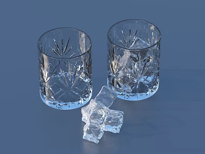 Two Crystal Glasses With Ice Cubes And Additional Ice Pieces On Blue Background 3d model