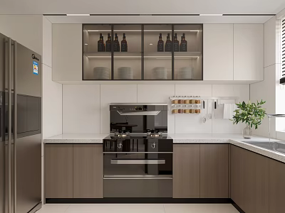 Modern Kitchen Interior With Glass Cabinets White Countertop And Stainless Steel Appliances 3d model