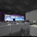 Elegant Stage Setup With Purple Pink Lighting Ceiling Decor Background Screen And Seating Area 3d model