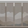 Modern Wooden Room Divider With Vertical Slats And Mountain Pattern Illuminated By LED Lighting