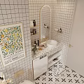 Modern Bathroom Interior Featuring White Tiled Walls Arched Mirror Lemon Art And Patterned Countertop