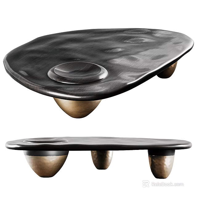 Black Irregular Shaped Coffee Table With Gold Cone Legs And Circular Tray 3d model 